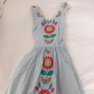 Mini Boden Blue Striped Dress with Colorful Embroidered Floral Design